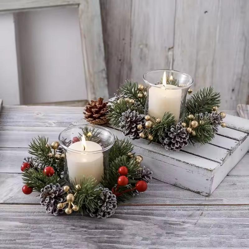 1/2pcs Christmas Candle Holders with Artificial Pine Branches & Berries New Year Home Table Decoration DIY Candle Wreath Gifts