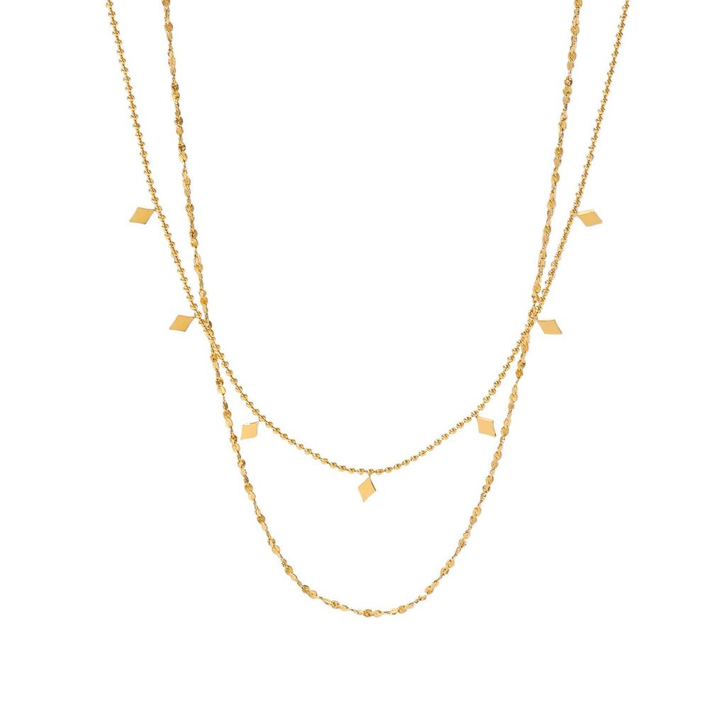 Collier Classique Minimaliste Double Rangée à Pampilles - Acier Inoxydable Plaqué Or 18K avec Chaîne à Paillettes et Perles
