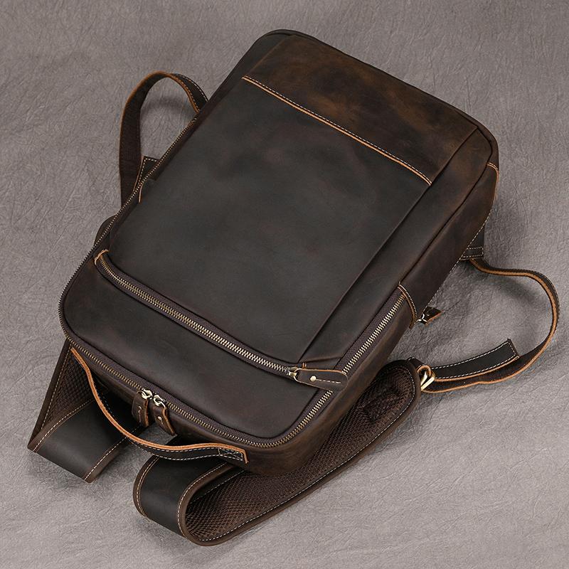Vintage Men's Crazy Horse Leather Backpack Genuine Leather Retro Rucksack Large Classic Travel Backpack Big Laptop Computer Bag