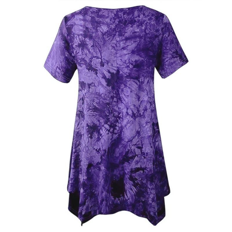 Large Size Fashion Tie-dye V-neck Hem Irregular Short Sleeved Blouse Loose O Neck Floral Top Summer Casual Office Sweet Tops Women's Clothing