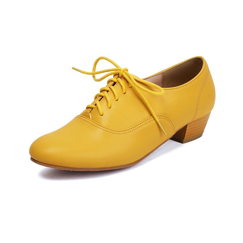 Women Pumps Round Toe Thick Mid Heels Lace-up Concise Ladies Fashion Casual Shoes Spring Autumn Yellow Black 43