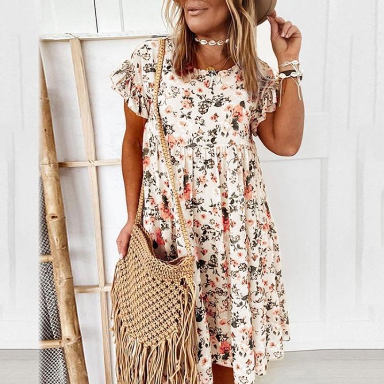 

Flowers Print Casual Loose Short Sleeve All-match Women Dress S