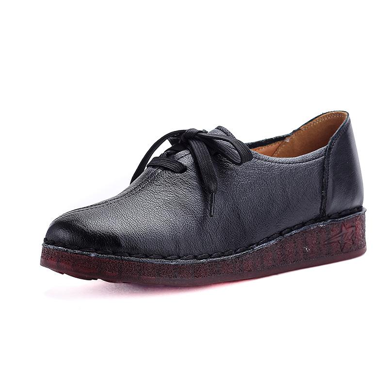 Johnature Genuine Leather Soft Soled Women's Shoes Casual Solid Color Versatile Lace-up Flats