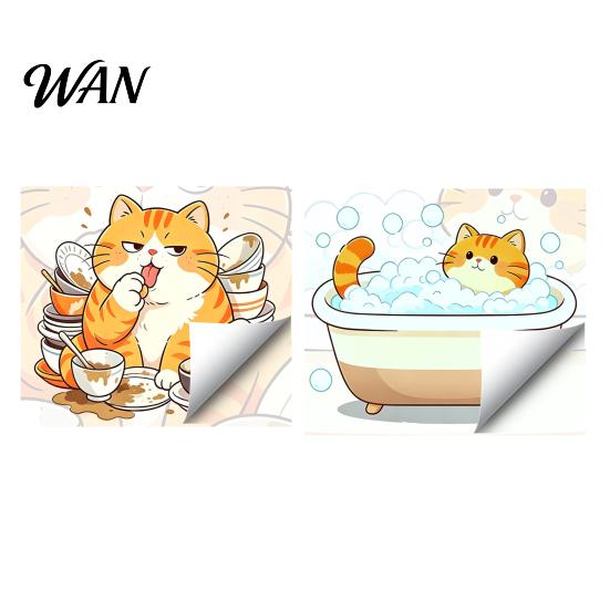 PVC Wall Sticker Cartoon Cat Sticker, Funny Orange Bathing/Licking Decal, Fade-resistant Peel And Stick Self-Adhesive Room Mural for Kitchen, Bathroom