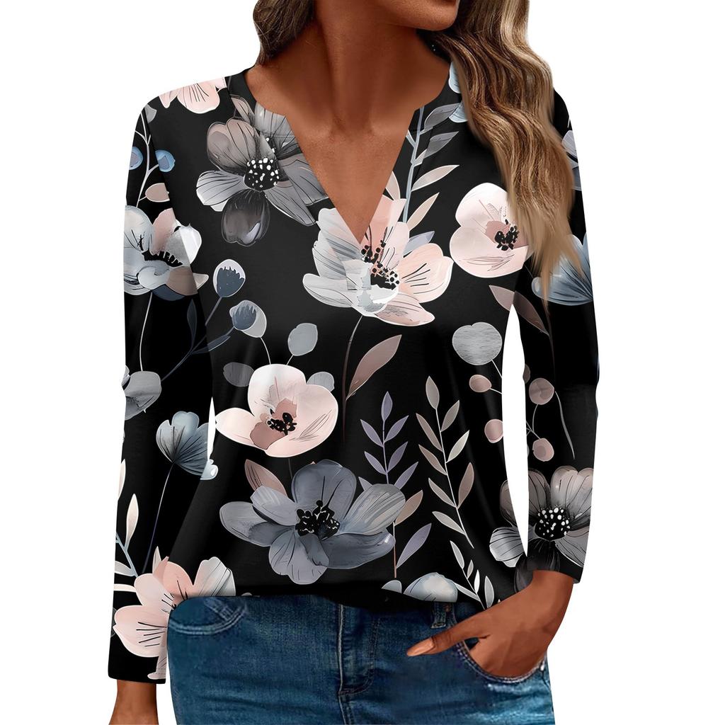 Damska koszulka z nadrukiem z długim rękawem, codzienna, weekendowa, modna, podstawowa, dekolt w serek, regularna góra