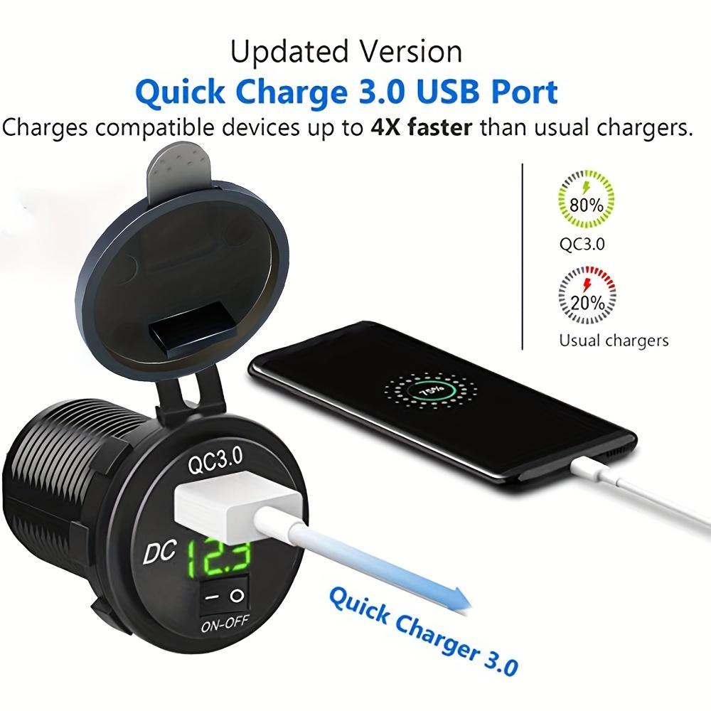 Quick Charging QC 3.0 USB Car Charger Socket with Voltmeter USB Charger Socket with Switch for Cars Motorcycles ATVs Boats