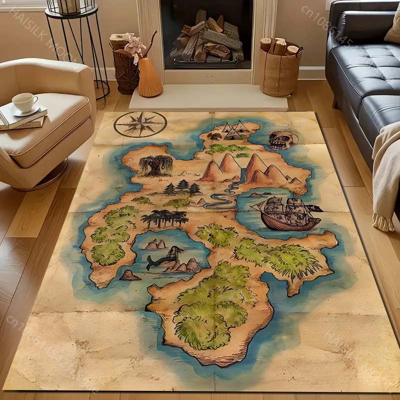 1PC Vintage Pirate Treasure Map Print Carpet for Bedroom Living Room Bedside Sofa Floor Mat Modern Home Decor Area Rug