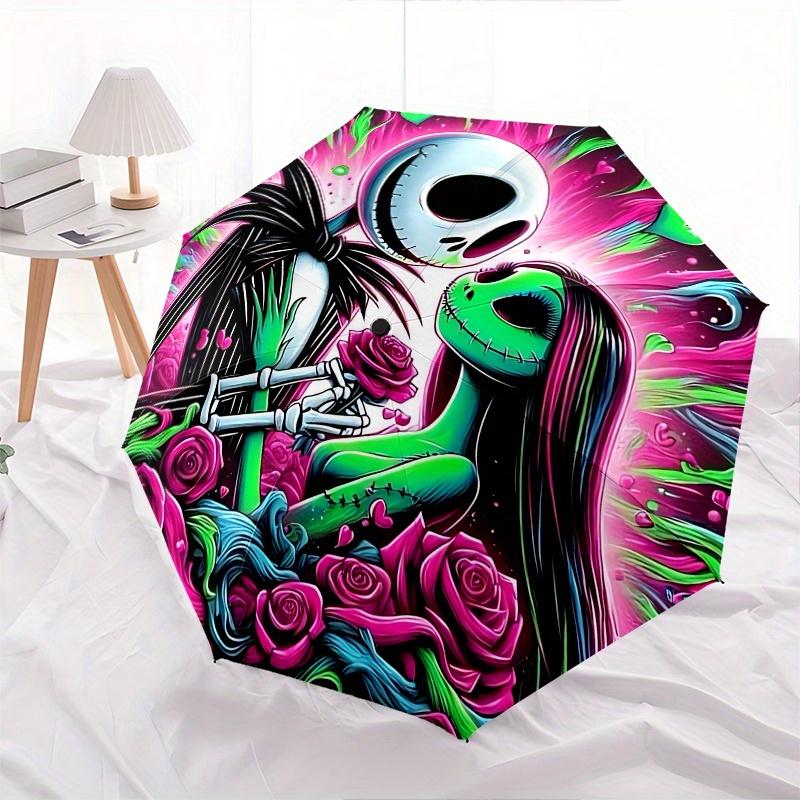 1 Auto Open Jack Skellington, Sally Themed Colorful 8-rib Portable Umbrella for Men and Women, A Compact Commuting Companion Suitable for Da