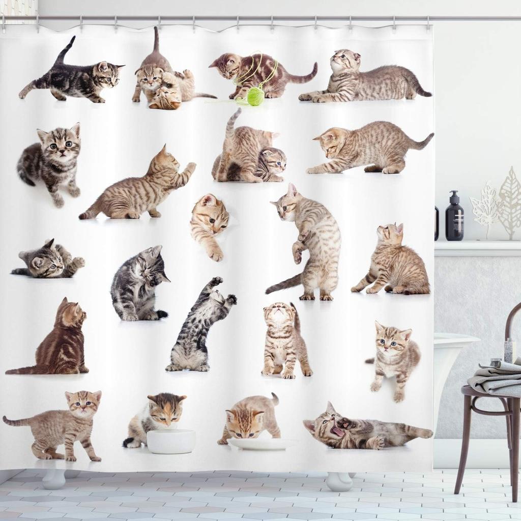 Adorable Cat Band Waterproof Shower Curtain - Cute Cartoon Cats Playing Music for a Fun and Whimsical Bathroom Decor