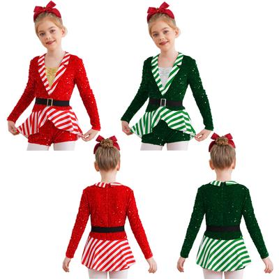 Mädchen Weihnachtsoutfit Reverskragen Langarm Boycut Body Pailletten Streifen Weihnachtsparty Zuckerstangen Kostüm