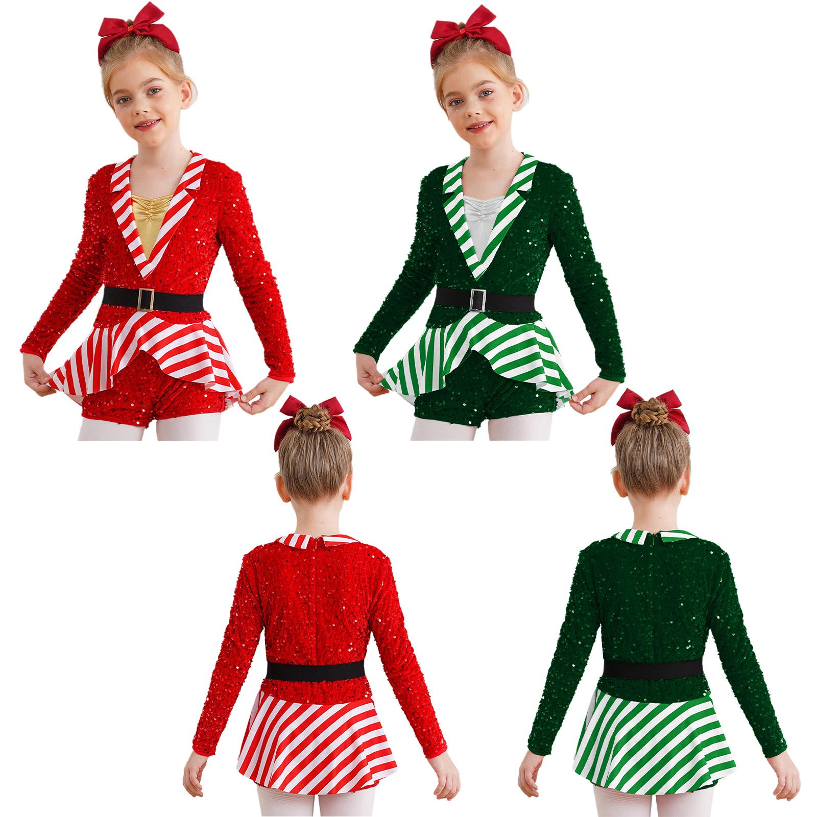 

Різдвяний костюм для дівчаток з довгим рукавом Гімнастичне купальник Фігурне катання Танцювальний костюм Діда Мороза Цукеркова тростина 5-6 Years червоний