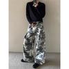 American Heavy Splicing Camouflage Tooling Jeans Men and Women Couples Big Pockets Loose Scimitar Wide Legs Straight Trousers