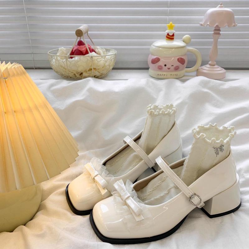 

Fashion Mid-heel Mary Jane Shoes New Summer Square Head Shallow Mouth Bow Net Yarn Metal Buckle Soft Sole Non-slip Shoes 36