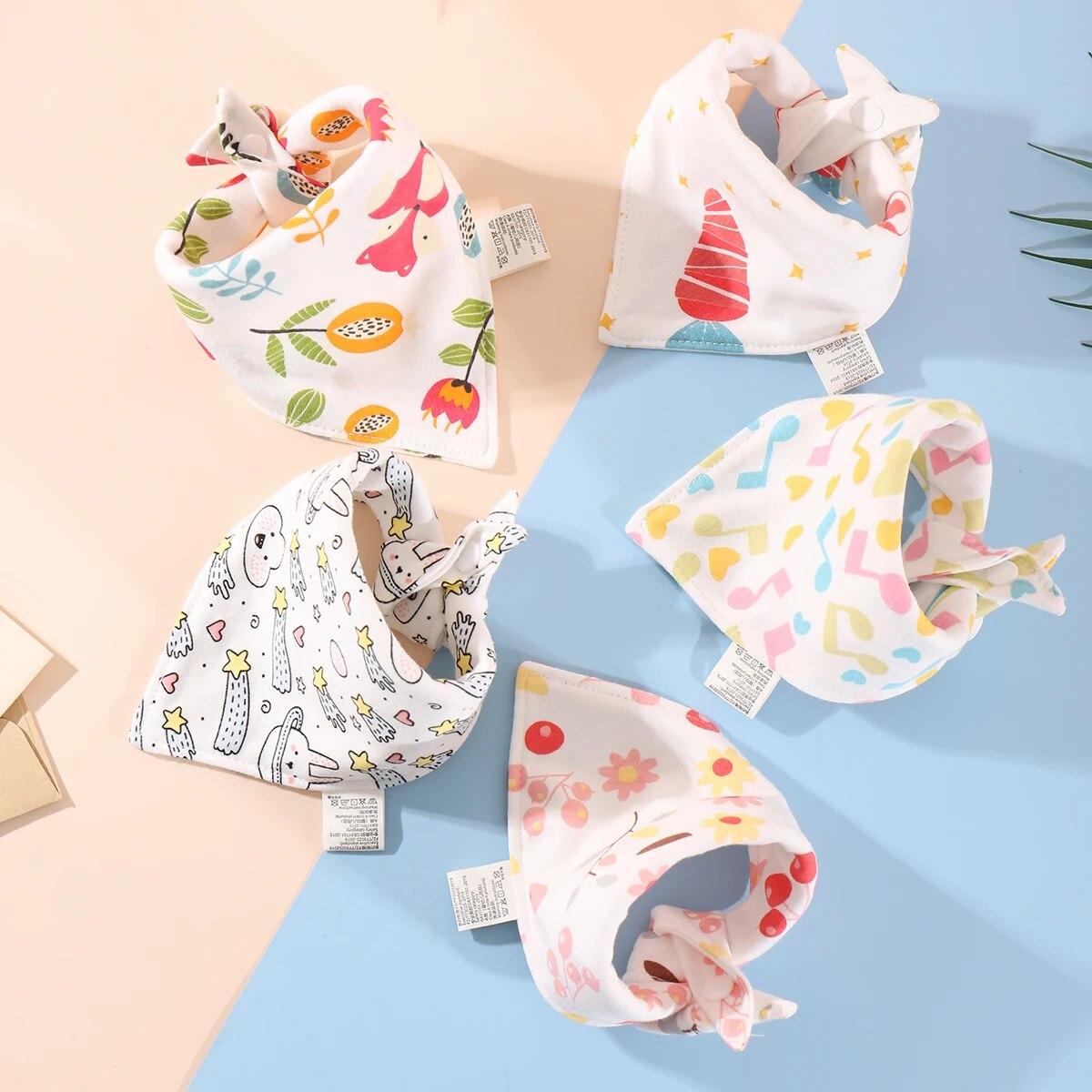 5Pcs/Lot Baby Bibs Cotton Bibs Cartoon Print Saliva Towel Baby Boys Girls Bibs Newborn Feeding Bibs Unisex Cute Bandana Bibs
