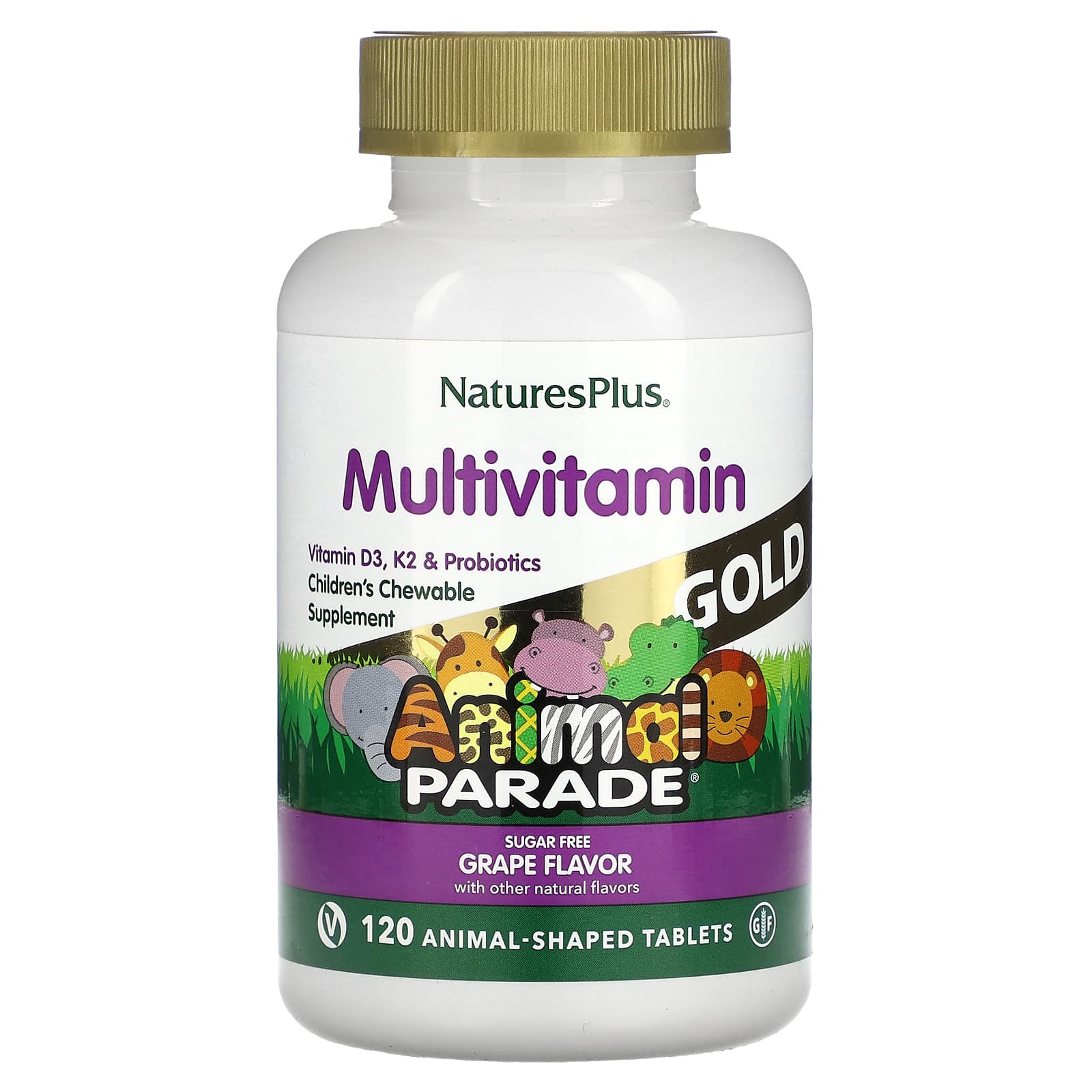 

NaturesPlus Animal Parade Gold, Children s Chewable Multivitamin, Grape, 120 Tablets