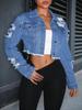Neue Mode für Mädchen Gewaschene Lange Ärmel Revers Gerissene Jeansjacke
