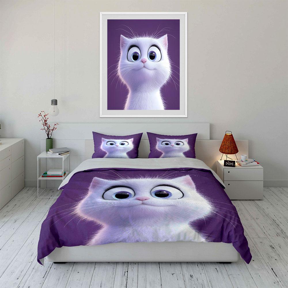 White Cat, Purple Background, Big Eyes Duvet Cover Set With 3D Printing Design Soft Polyester Bedding Set All-Season Comfort