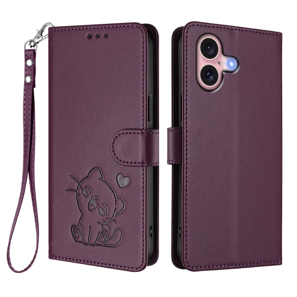 For iPhone 16 Wallet Case with Wrist Strap Love Cat Pattern Imprint Leather Phone Cover