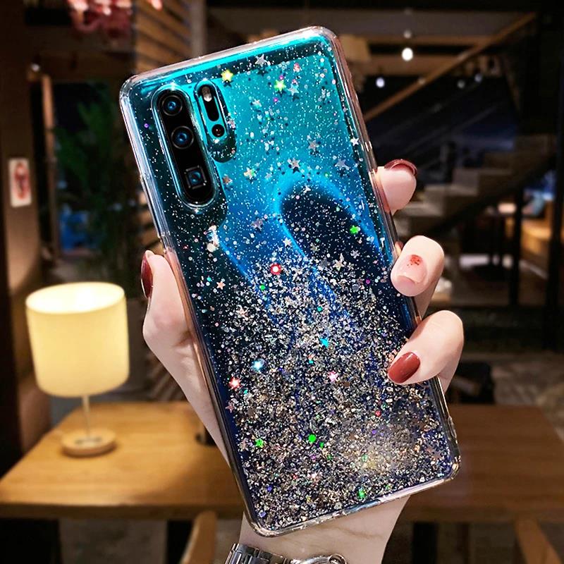 Luxury Glitter Case For Huawei P30 P40 P50 P20 Pro Lite Transparent Soft Back Case For Huawei P9 P10 Plus Shockproof Back Cover