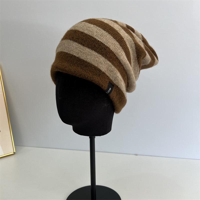 Striped letter sewn label roll brim casual retro fashion versatile street wool hat stack hat