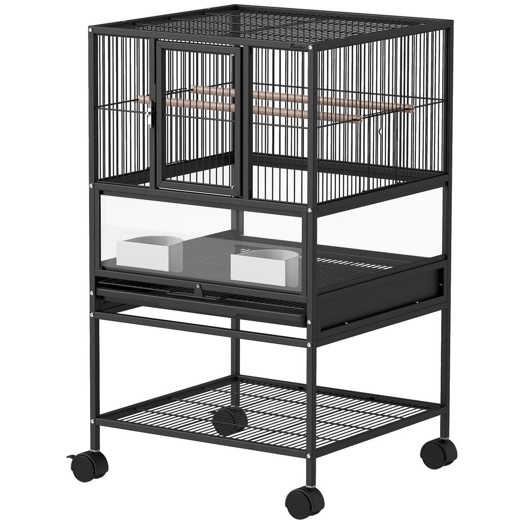 Bird Cage with Bottom Shelf, Removable Tray and Grid, Steel and PP, 48x46x83 cm, Black