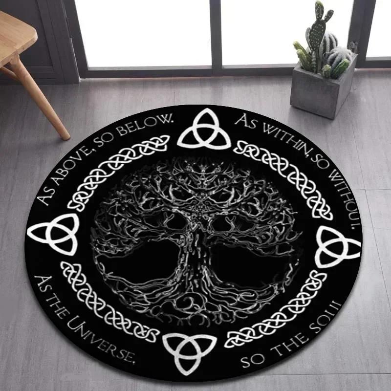 Viking Valknut Yggdrasil Tree of Life Round Area Rug,Carpet Rug for Living Room Bedroom Sofa Playroom Decor,Non-slip Floor Mat