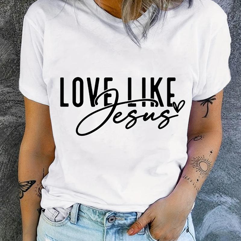 Love Like Jesus Crewneck Print TShirt Short Sleeve Crew Neck Casual Top for Summer Spring Womens Clothing Regular Short Sleeve