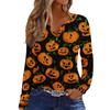 Haut T-shirt Décontracté Mode Femme Imprimé Halloween Col en V Bouton Bordure Manches Longues
