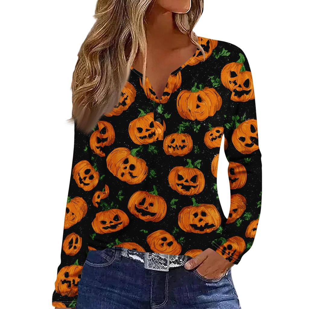 Haut T-shirt Décontracté Mode Femme Imprimé Halloween Col en V Bouton Bordure Manches Longues