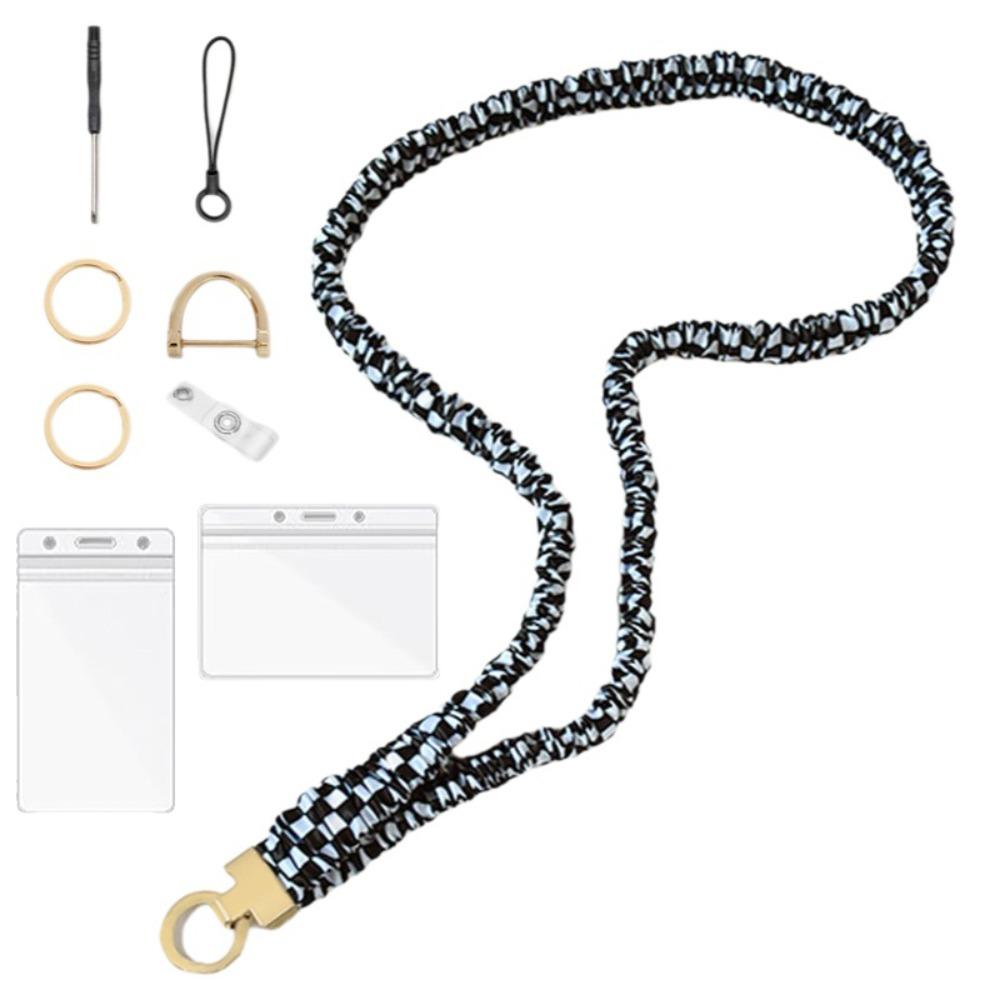 

Stretchy Scrunchie Style Retractable Lanyard Set Luxury Female Keychain Office Gift Black White Set 1