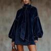 2025 Velvet High-Neck Mini Dress with Bow and Puff Sleeves