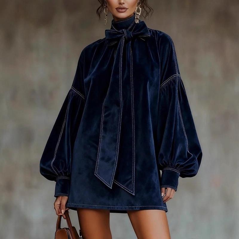 Европейское и американское женское бархатное платье с высоким воротником, бантом и рукавами-колокольчиками Medium темно-синий