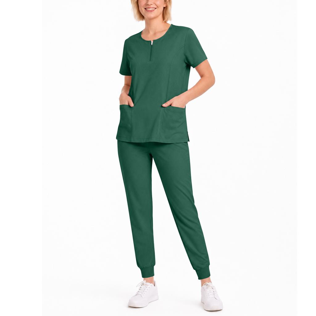 Damen Set V-Ausschnitt Kurzarm Top mit Taschen und Kordelzug Hose Schnelltrocknende Uniform