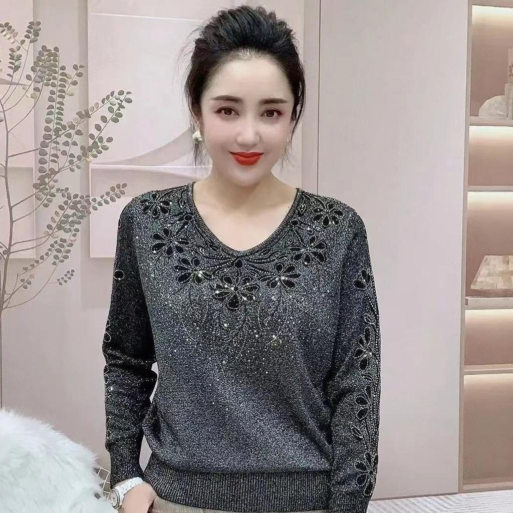 Spring Autumn V-neck Long Sleeve Sweater Women High Street Rhinestone Patchwork Pullovers
