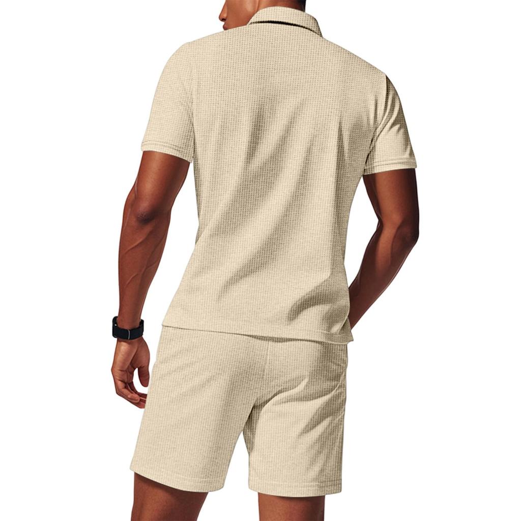 Men's  Sports  Leisure  Half  Zipper  Short  Sleeves  Shirt   And  Pull  Rope  Shorts  Set