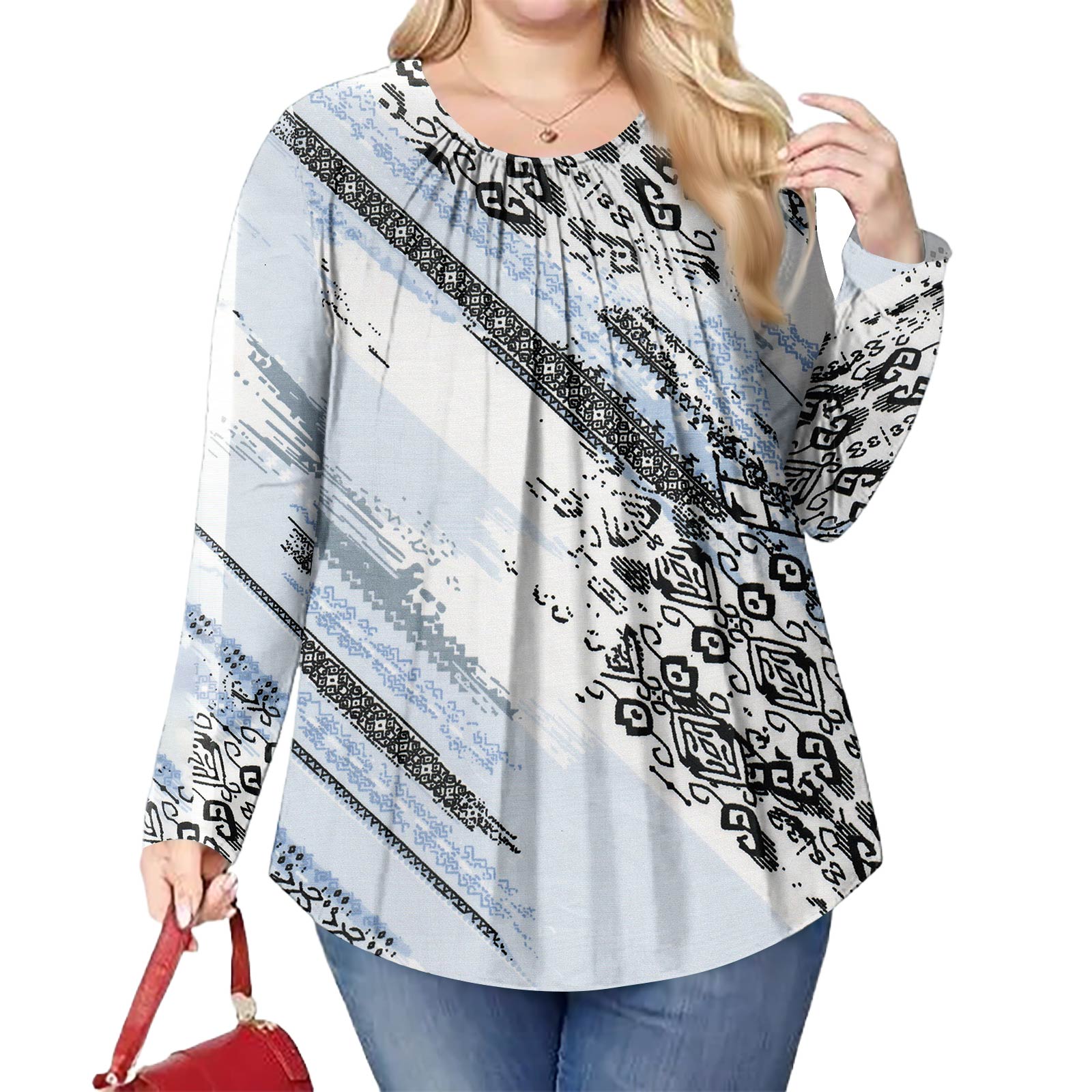 

Женский модный топ большого размера с принтом, повседневный плиссированный, с круглым вырезом и длинными рукавами XL