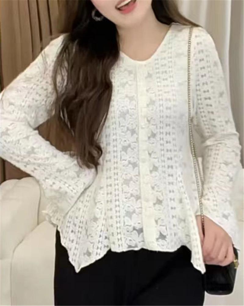 Plus Size Women's Lace Shirt - Early Spring Style, Slimming with Elastic and Velvet Details