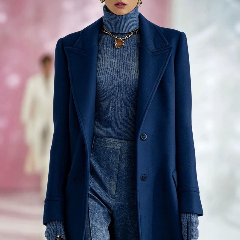 2026 Winter Women Long H-line Notched Lapel Wool Blend Coat Commuter Outerwear