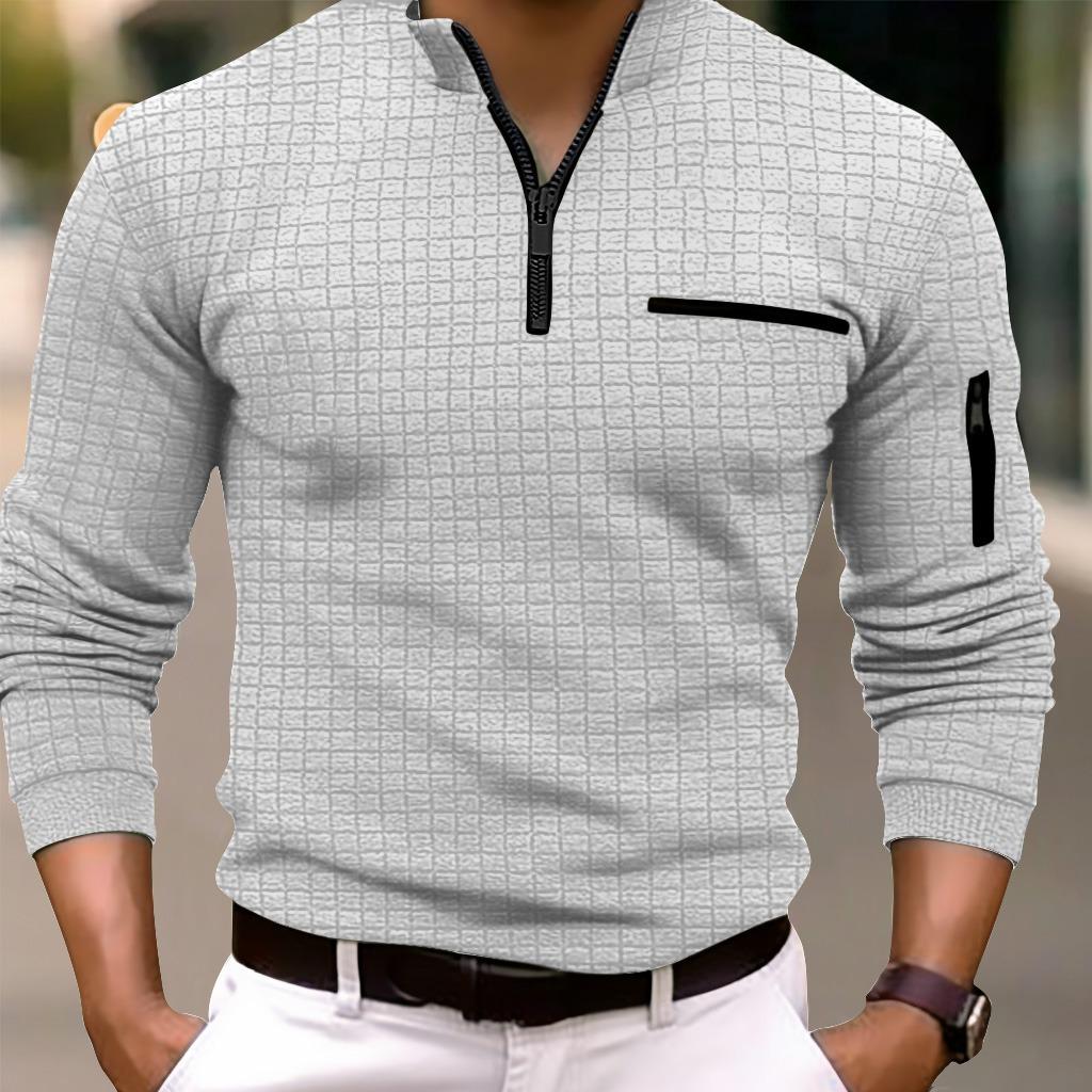 Spring and Autumn Men's Casual T-shirt Men's Checkerboard Checked Zipper Sports Polo Shirt