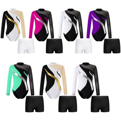 Children Girls Gymnastics Costume Rhinestones Long Sleeve Leotard with Short Figure Skating Set