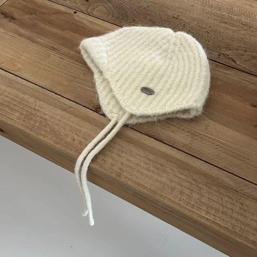 Rabbit Fur Earflap Hat Solid Color Beanie Hat Casual Knit Cap  Winter