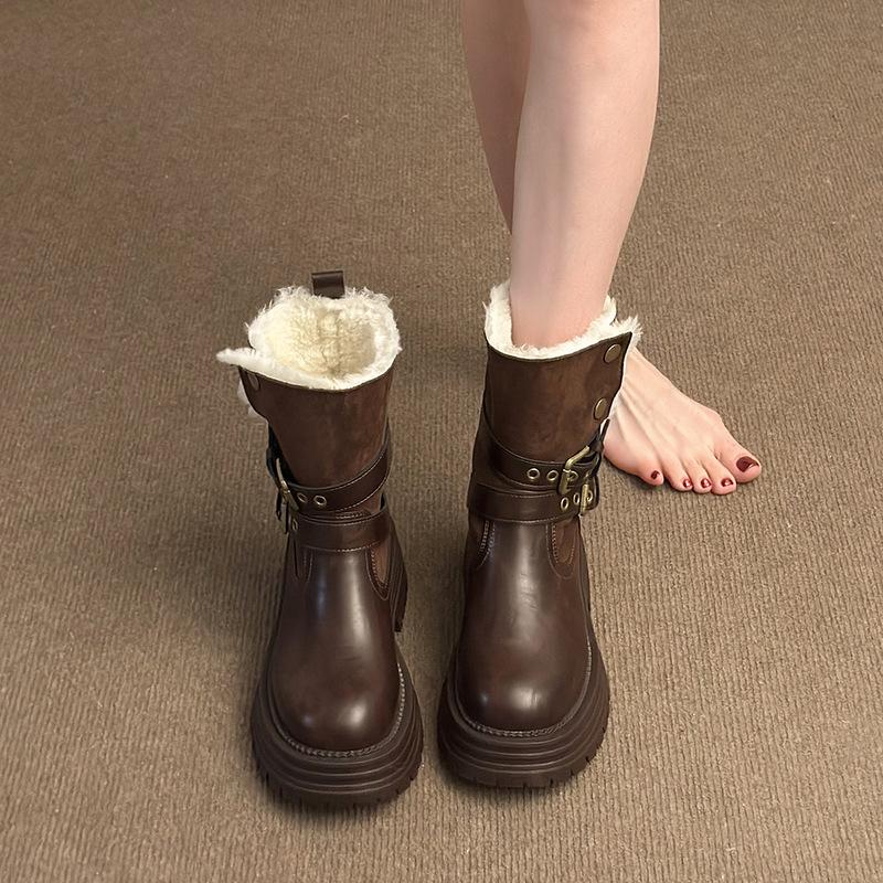 Women's British style tall leather fashion lightweight soft sole winter warm fur one snow boots padded lining non-slip casual sports cotton boots