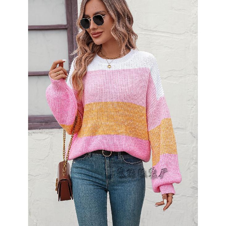 2024 Herbst/Winter Neuer europäischer und amerikanischer Farbblock-Rundhals-Strickpullover Modepullover für Damen
