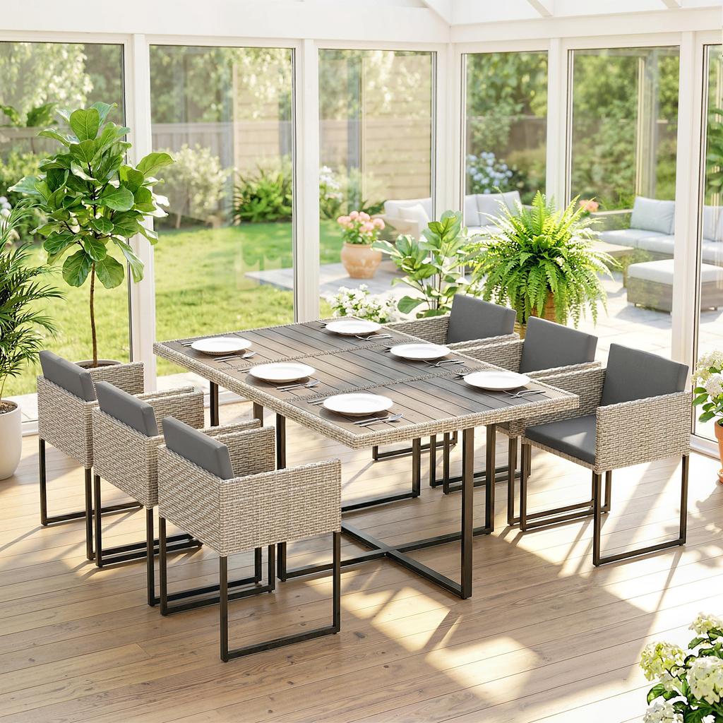 7 Piece Rattan Garden Furniture Set, Garden Dining Set with Wood-Plastic Table and 6 Stackable Chairs, Light Grey