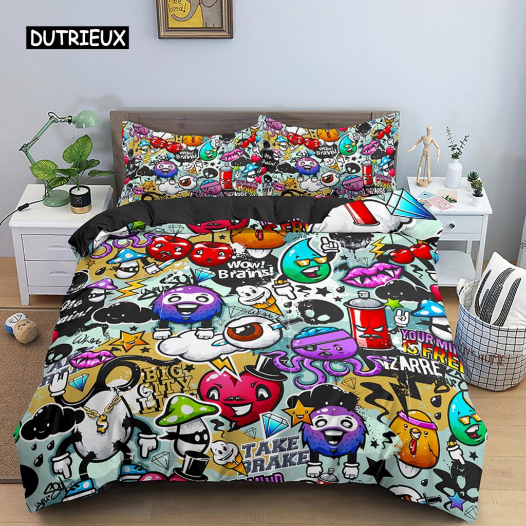 Graffiti Bed Linen Package Graphic Bedspread Cover Teens Adult Hip Hop Hippie Comforter Cover Wall Urban Street Art Heavy-duty Polyester Quilt Cover