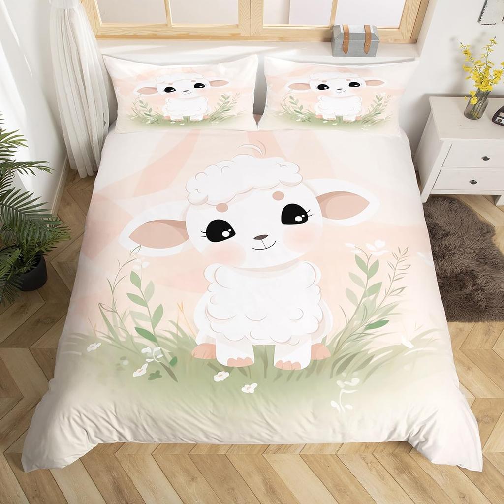 Cute Sheep Duvet Cover King Queen Funny Animal Floral Bedding Set Kids Cartoon Farm Animal Comforter Cover Polyester Quilt Cover