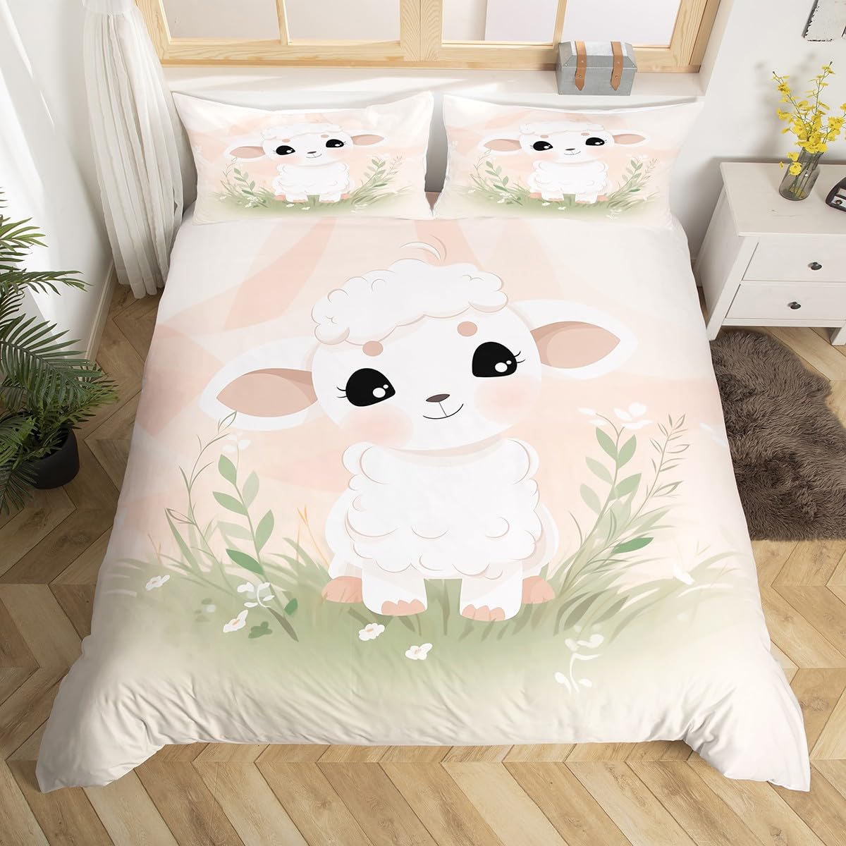 

Cute Sheep Duvet Cover King Queen Funny Animal Floral Bedding Set Kids Cartoon Farm Animal Comforter Cover Polyester Quilt Cover EU Single(135x200cm)