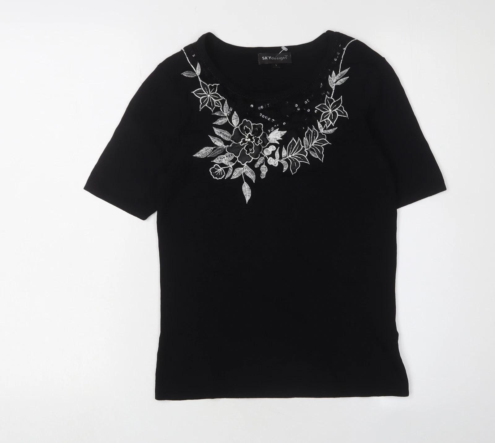 

SKY Women s Black Embroidered XS Basic T-Shirt XL