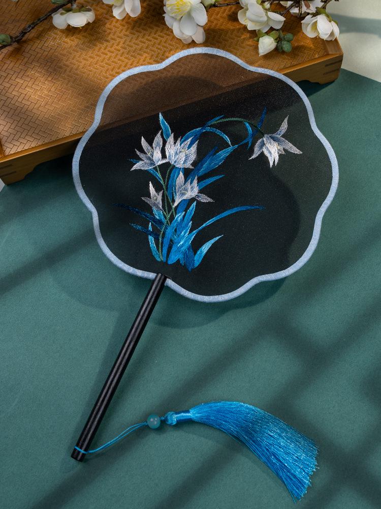 Chinese Embroidered Eight-Petal Round Dance Fan with Tassel - Perfect for Hanfu and Qipao Costumes