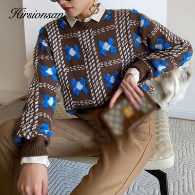 Hirsionsan Herbst Lose Oansatz Pullover Pullover Weibliche Casual Floral Stickerei Strick Pullover Frauen Basis Einfache Faul Jumpe